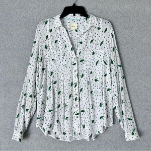 Maeve Anthropologie Womens White Green Umbrella Button Up Blouse Shirt Size 8